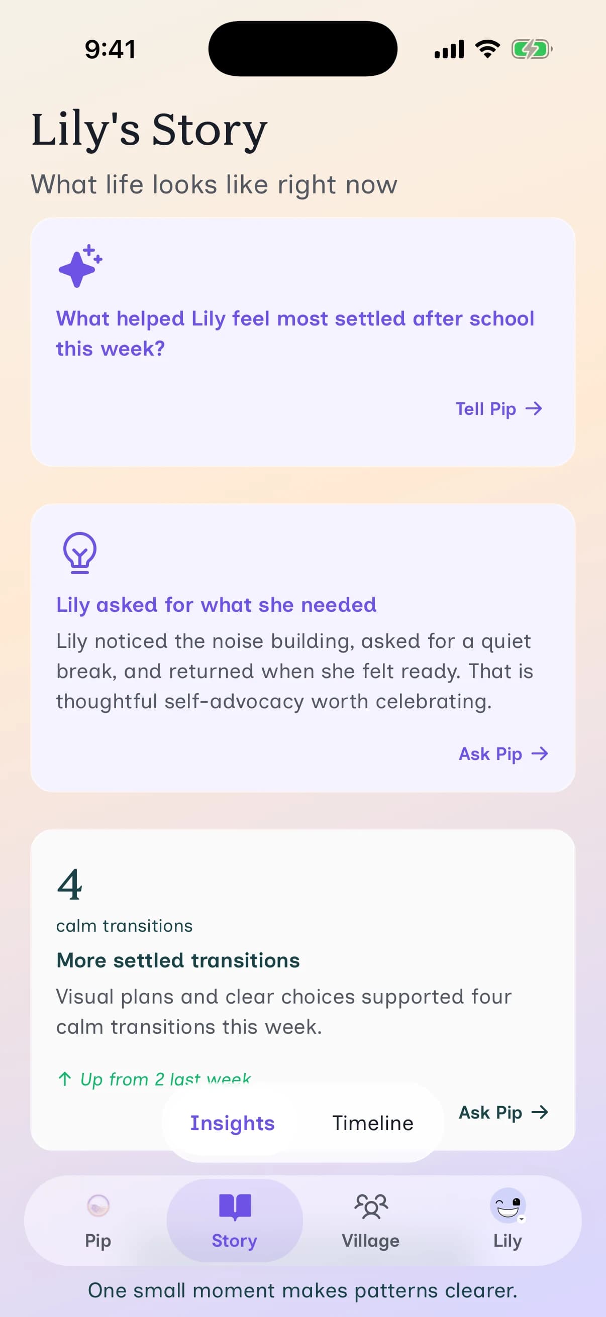 The Story tab showing a gentle pattern across a few weeks of notes.